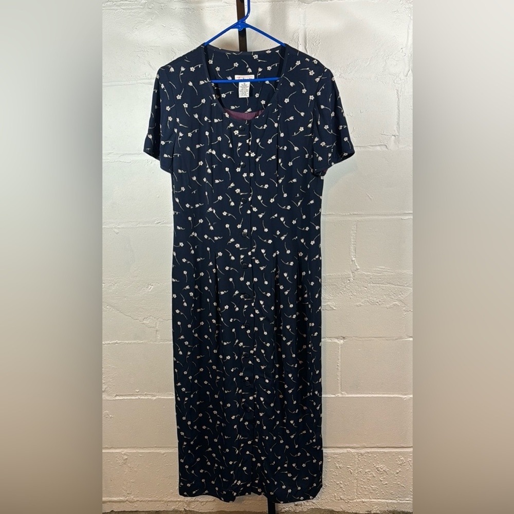 Talbots Academia Floral Midi Dress Size 12 Navy/Cream Button Down